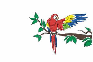 National Bird Day. One continuous line drawing of cute parrot bird stretching one of its wings and perched at tree branch in local zoo. Macaw bird showing off its beautiful feather. art graphic vector