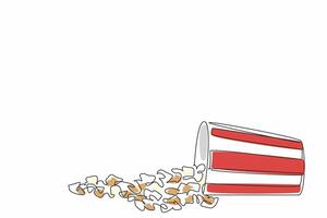 Single continuous line drawing of scattered honey popcorn fall from the stripped paper bucket into the floor. Happy National Popcorn Day. Snack for leisure time concept. illustration artwork vector