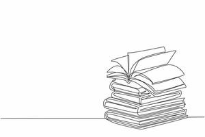 National Thesaurus Day. One single line stack of books with open page book above it. High educational concept. Continuous line draw graphic illustration artwork vector