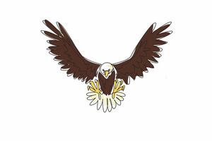 National Bird Day. One continuous line drawing of strong bald eagle posing ready to fly attack its prey. Wide open its feather wings. Template for poster, banner, flyer, background. graphic vector