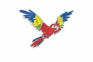 National Bird Day. One continuous line drawing of wild parrot bird flying freely in the sky and stretched out its feathered wings. Macaw bird fly with wide open wings. Template for banner and poster vector