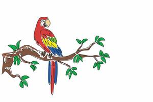 One single drawing of beautiful parrot bird turned around its head while perched at big tree branch. Macaw bird shows its beauty. Suit Logo for international bird conservation. National Bird Day vector