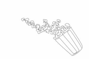 One single line drawing of caramel flavor popcorn fall from stripped paper bucket and scattered flying in the air. National Popcorn Day. Food snack to watch tv together with family. art graphic vector