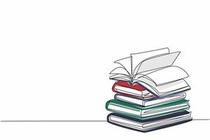 National Thesaurus Day. One single line stack of books with open page book above it. High educational concept. Continuous line draw graphic illustration artwork vector