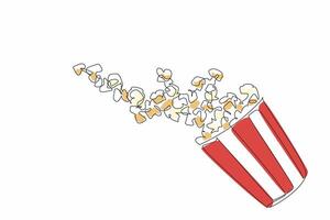 One single line drawing of caramel flavor popcorn fall from stripped paper bucket and scattered flying in the air. National Popcorn Day. Food snack to watch tv together with family. art graphic vector