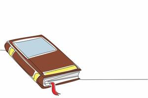 National Thesaurus Day. Single continuous line drawing of thick fairytale story book with a ribbon bookmark. Legendary folklore story concept. One line draw graphic design art illustration vector