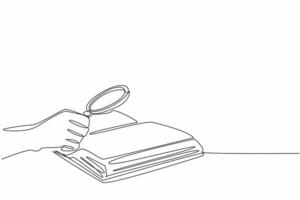 National Thesaurus Day. Single continuous line drawing person hand holding magnifier glass and searching significant information from opened old script book. Digging knowledge from the source concept vector