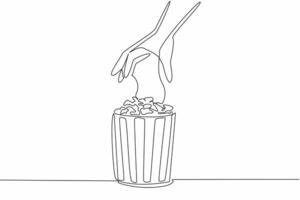 Happy National Popcorn Day. Single continuous line drawing of person hand picking caramel flavor popcorn up from stripped pop corn paper bucket. Food snack concept. One line draw illustration vector