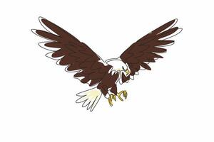 Single continuous line drawing of mighty brave bald eagle stretched its wide wings and ready to attack the prey target. Strong predator bird concept. National Bird Day vector