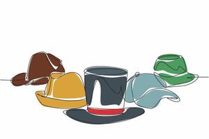 National Hat Day. Annual celebration event. One single line drawing of various type of caps lined up. Formal, relax, casual, and classic hats version. Fashionable headgear concept. art design vector