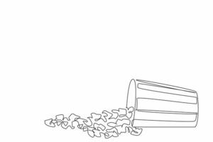 Single continuous line drawing of scattered honey popcorn fall from the stripped paper bucket into the floor. Happy National Popcorn Day. Snack for leisure time concept. illustration artwork vector