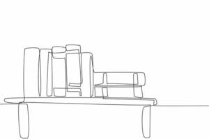 Single one line drawing of lined up and stacked thick text book above bookshelf. Book is a window to the world concept. Happy National Thesaurus Day. Continuous line draw illustration artwork vector