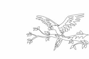 Single continuous line drawing of adorable parrot bird perched at tree branch in the local bird conservation. Macaw bird ready to fly from twigs. National Bird Day. illustration artwork vector