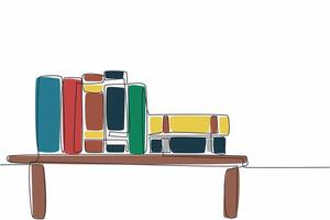 Single one line drawing of lined up and stacked thick text book above bookshelf. Book is a window to the world concept. Happy National Thesaurus Day. Continuous line draw illustration artwork vector