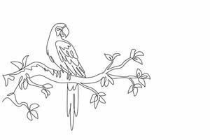 One single drawing of beautiful parrot bird turned around its head while perched at big tree branch. Macaw bird shows its beauty. Suit Logo for international bird conservation. National Bird Day vector