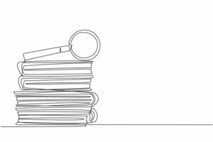 National Thesaurus Day. Annual celebration event. One single line drawing of thick text book stack with magnifying glass above. Educational concept with copy space web banner, poster, flyer design vector