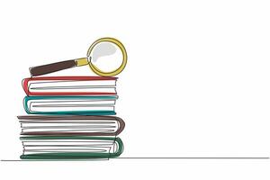 National Thesaurus Day. Annual celebration event. One single line drawing of thick text book stack with magnifying glass above. Educational concept with copy space web banner, poster, flyer design vector