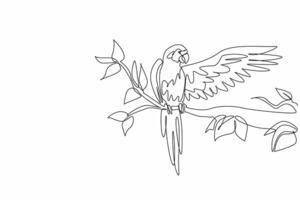 National Bird Day. One continuous line drawing of cute parrot bird stretching one of its wings and perched at tree branch in local zoo. Macaw bird showing off its beautiful feather. art graphic vector