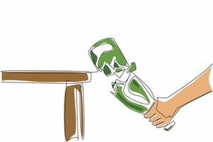 One line drawing of beer bottles were smashed at the end of the table until they broke into pieces. Stop and say no to alcohol campaign. Dry January vector