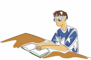 One line drawing of man sitting in study desk, learning braille language to communicate with people in global. World Braille Day. Touching book vector