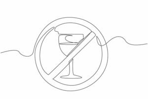 Continuous line drawing of forbidden glass of wine. Dry January abstain alcohol campaign month. Say stop and no to alcohol for self and public health vector
