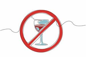 Continuous line drawing of forbidden glass of wine. Dry January abstain alcohol campaign month. Say stop and no to alcohol for self and public health vector