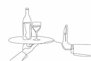 One line drawing a hand make a stop gesture to prevent alcohol drink in glass and bottle. Dry January international event to forbid drinking alcohol vector