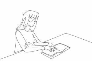 World Braille Day. Continuous line drawing of beauty woman try to read braille language from book. Sit in public library to learn reading ability. vector