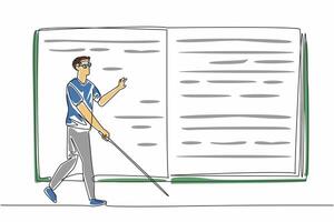 Single line drawing of character man walking with stick and touching a giant braille book, trying to read. World Braille Day event. Communication way vector