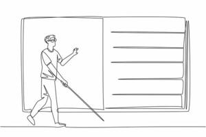 Single line drawing of character man walking with stick and touching a giant braille book, trying to read. World Braille Day event. Communication way vector