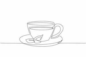 Single line drawing a cup of tasty green tea with leaf on side glass. Healthy and fresh drink. Celebrate National Hot Tea Day. World event. 12 January vector