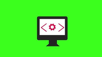 A computer monitor with a code symbol and gear icon animation, representing tech and programming. video