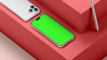 a Iphone com uma verde tela colocada em uma vibrante vermelho superfície, criando uma impressionante contraste, ideal para exibindo Customizável conteúdo ou criativo projetos video