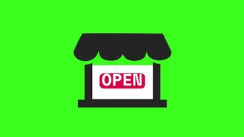 Open shop sign icon on a green background, symbolizing business availability and storefront notifications. video
