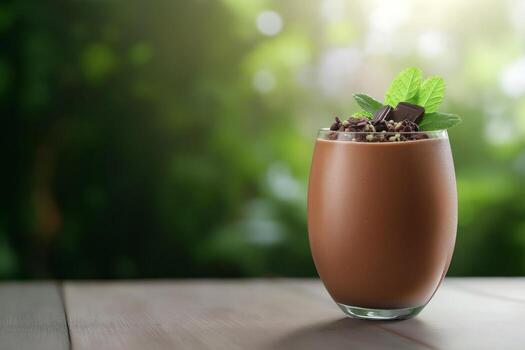 Chocolate smoothie with mint leaves and chocolate garnish on rustic wooden table with green background. Healthy dessert and nutrition concept photo