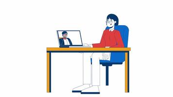 HR manager conducting interview through call 2D characters animation. Recruitment cartoon 4K , alpha channel. Videoconferencing job applicant employer animated people on white background video
