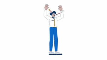 Hispanic office worker blowing into party horn 2D character animation. Noisemaker cartoon 4K , alpha channel. Latin american employee with whistle blower animated person on white background video