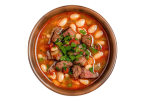 A bowl of beef and bean soup with a side of parsley png
