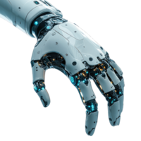 Realistic robotic hand with metallic design showcasing intricate details and glowing elements isolated on transparent background cutout png
