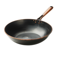 High-quality black wok with wooden handle isolated on transparent background cutout png