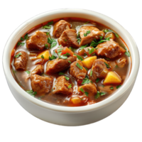 Hearty beef stew with tender chunks of meat, vegetables, and herbs in a rich broth, isolated on transparent background cutout png