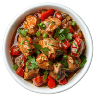 Savory chicken stew with colorful vegetables served in a white bowl isolated on transparent background cutout png
