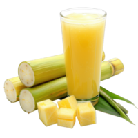 Fresh sugarcane juice served in a glass with cut sugarcane stalks and cubes isolated on transparent background cutout png
