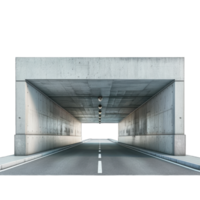Concrete tunnel with illuminated ceiling and empty road leading to bright exit isolated on transparent background cutout png