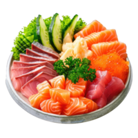 Delicious assortment of fresh sashimi and sushi with a variety of fish and vegetables isolated on transparent background cutout png