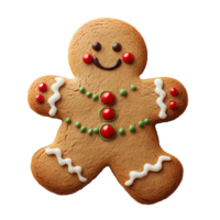 Gingerbread man cookie set . Classic holiday cookie with festive red and green icing accents on buttons and edges. Christmas gingerbread man top view . Gingerbread man cookie flat lay isolated png