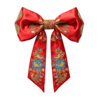 vibrant red bow with intricate gold and blue embroidery, perfect for festive occasions. design features floral patterns and elegant detailing, adding touch of luxury png
