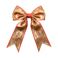 Elegant gold ribbon bow with intricate floral patterns and red edges, perfect for gift wrapping or decoration, adding touch of luxury and charm to any occasion png