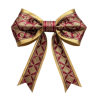Elegant decorative bow with intricate patterns in red and gold. Perfect for gifts, celebrations, or festive occasions, adding touch of sophistication and charm png