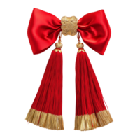 vibrant red bow with golden tassels, perfect for festive occasions and celebrations. intricate design adds elegance and charm to any outfit or decoration png
